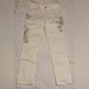 White House Black Market White Jeans with Silver Floral Embroidery